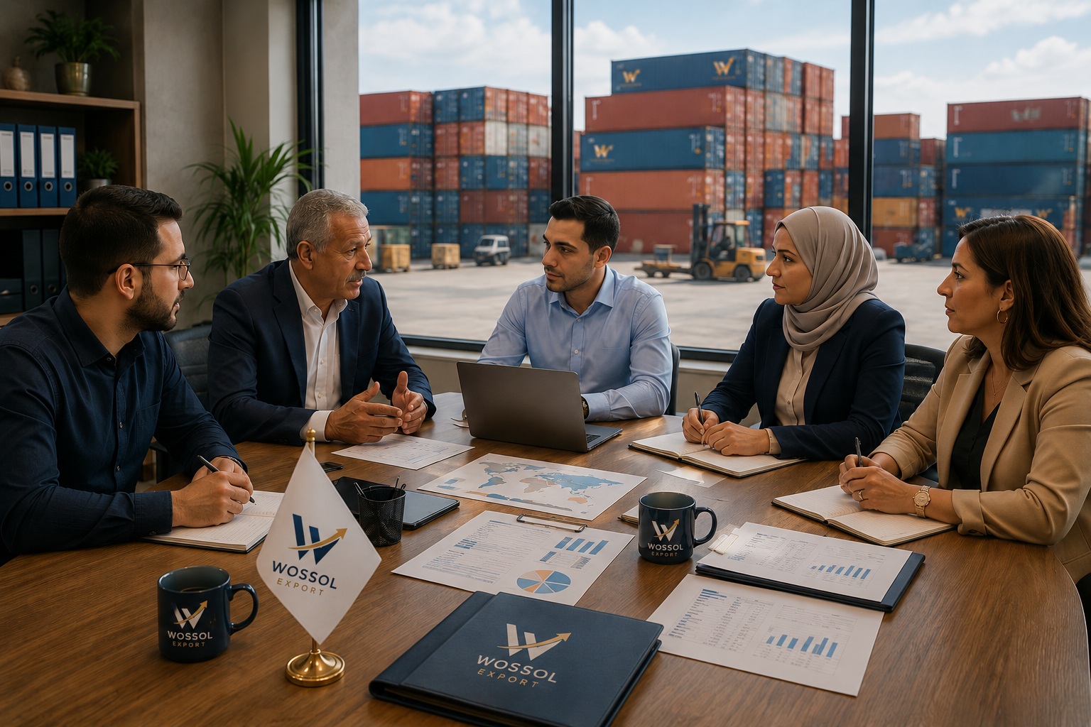 Wossol Export team discussing international trade with container yard in the background