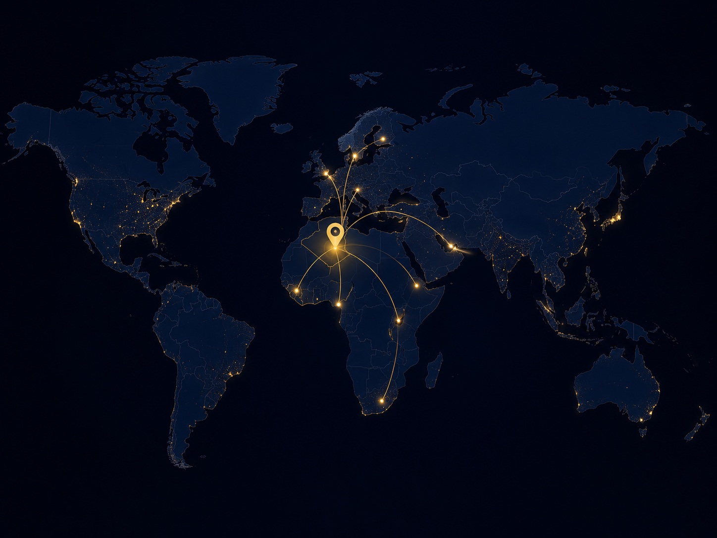 World map highlighting Algeria with trade routes to Africa, Europe and the Middle East