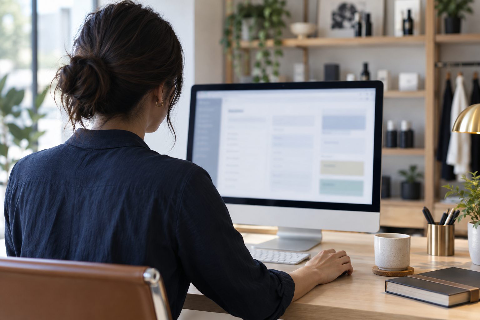 Illustrative merchant reviewing an abstract operational workspace