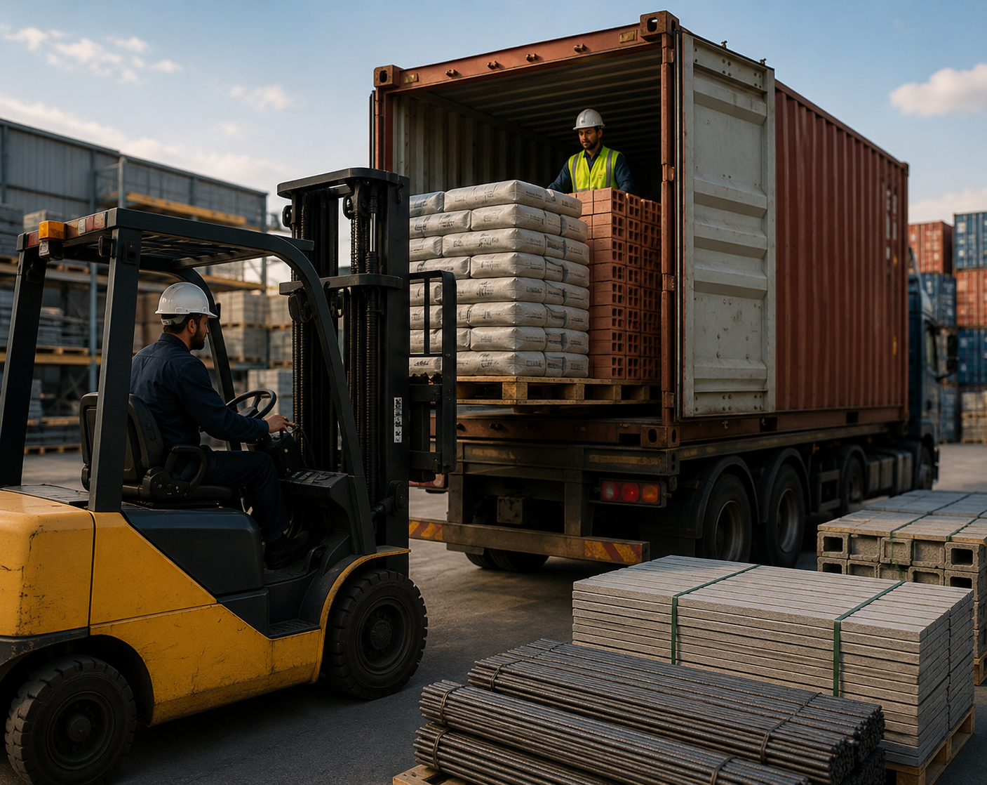 Building materials loaded into a shipping container