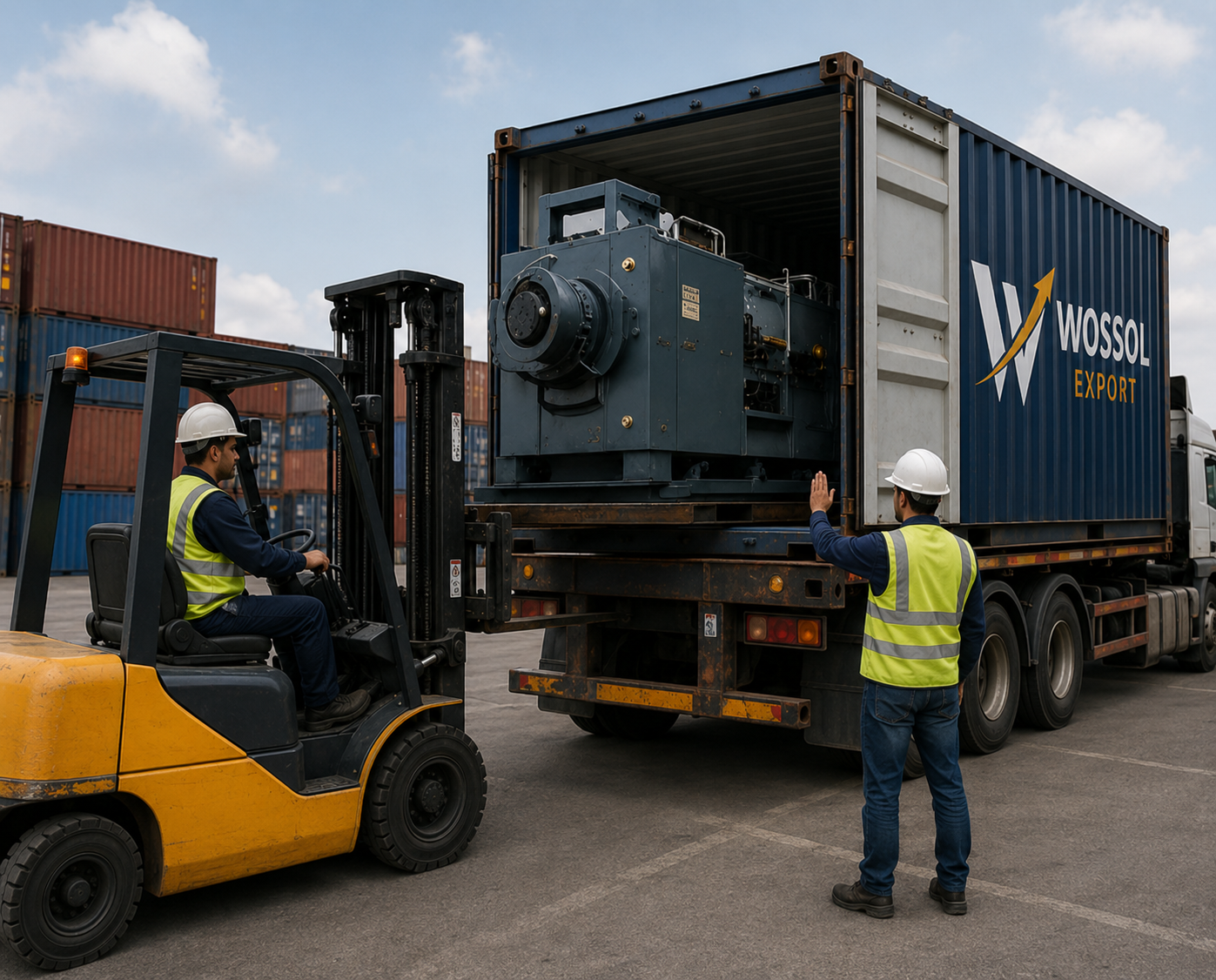 Machinery being loaded into a shipping container